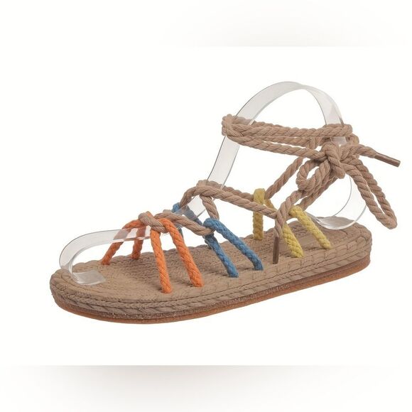 Ankle Tie Gladiator Sandals Multicolored Rope Ties 9 - Picture 1 of 5